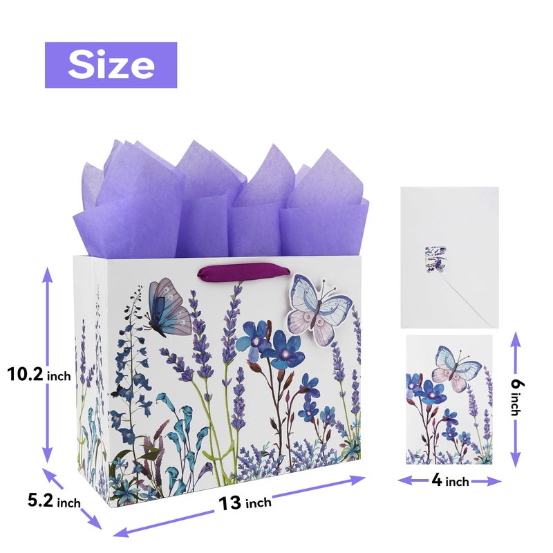Qirrmiy 13"" Large Purple Gift Bag Set with Greeting Card and Tissue Paper (Lavender and 3D Butterfly) Women's Birthday  Girls Party  Mother's Day  Wedding  Valentine's Day - Image 2